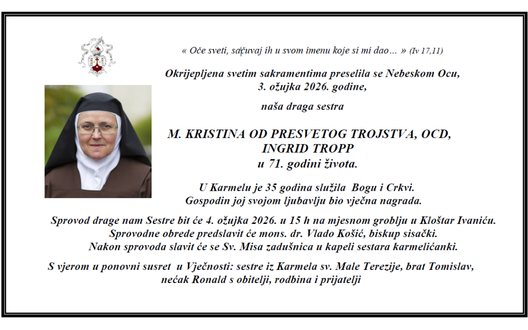 Preminula s. M. Kristina od Presvetog Trojstva, OCD (Ingrid Tropp)